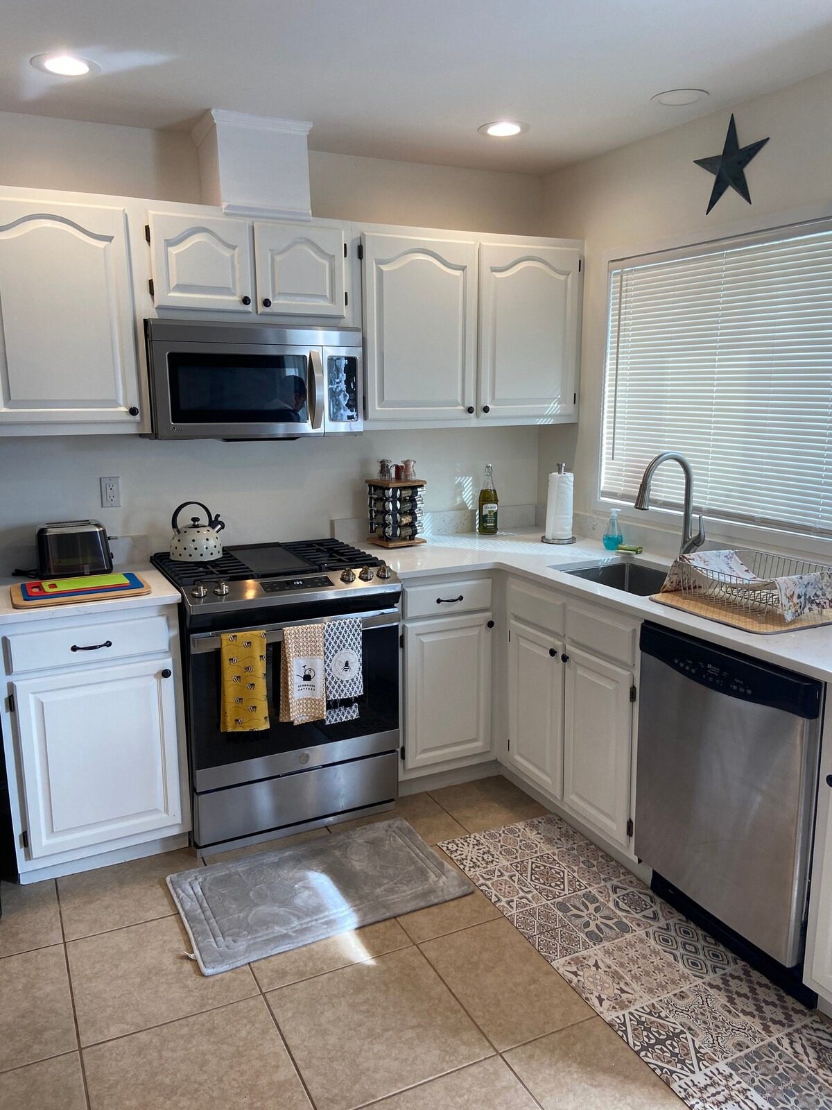 Bright kitchen with patterned rug